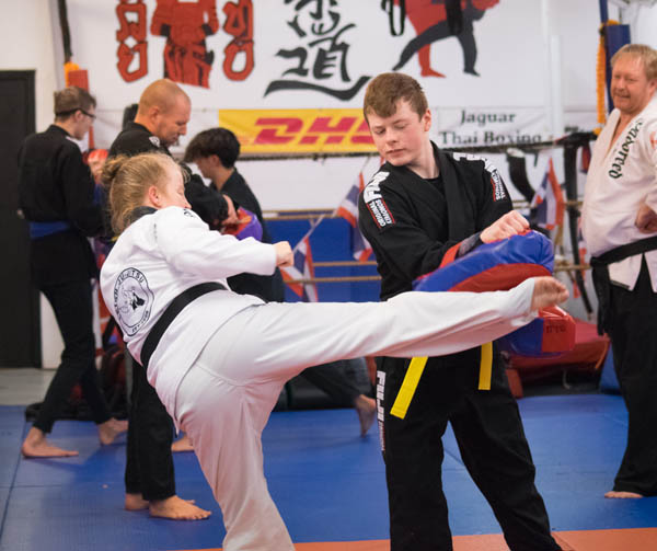 Carolanna performing padwork at Leigh Ju-Jitsu